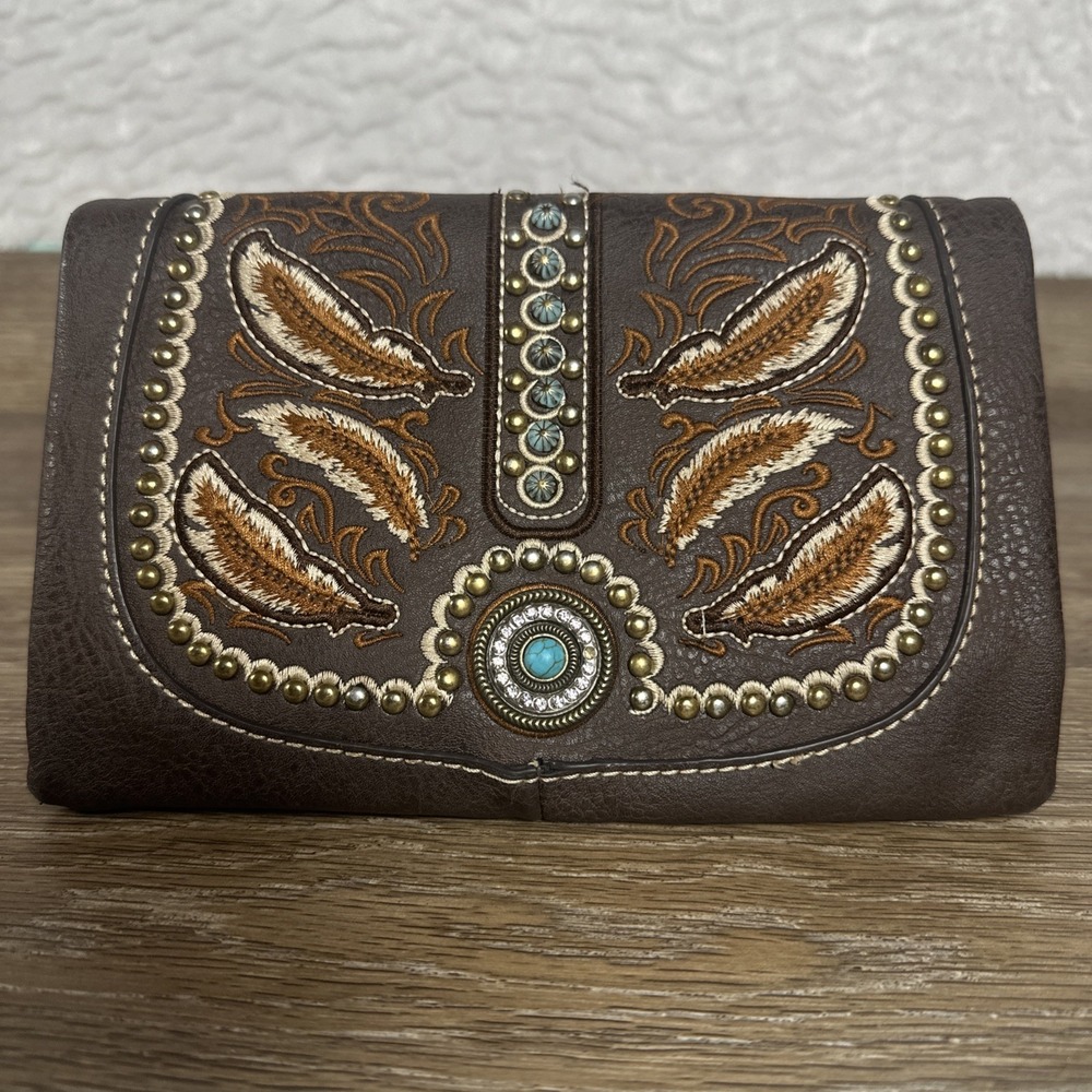 American Bling Clutch Purse Wallet Brown Embroidered Native Design Rhinestone